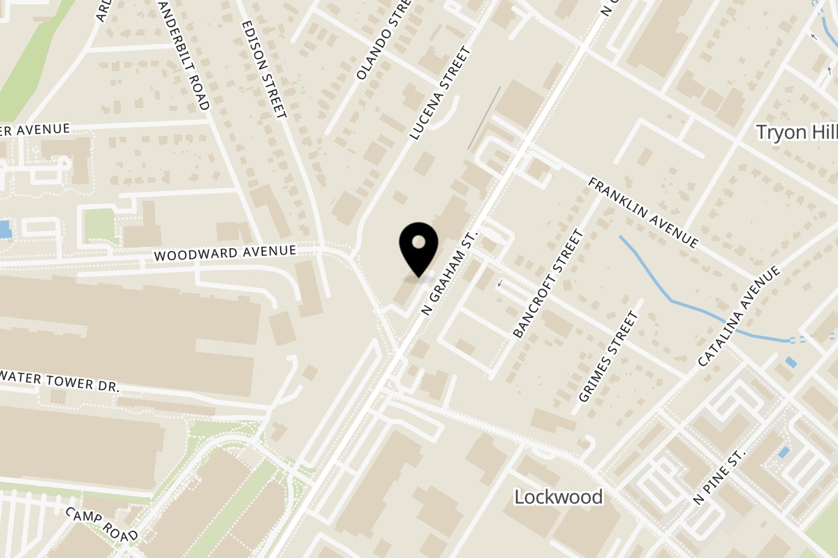 Map showing the location of Buzz City Bar & Grill on 2103 N Graham St Suite H in Charlotte